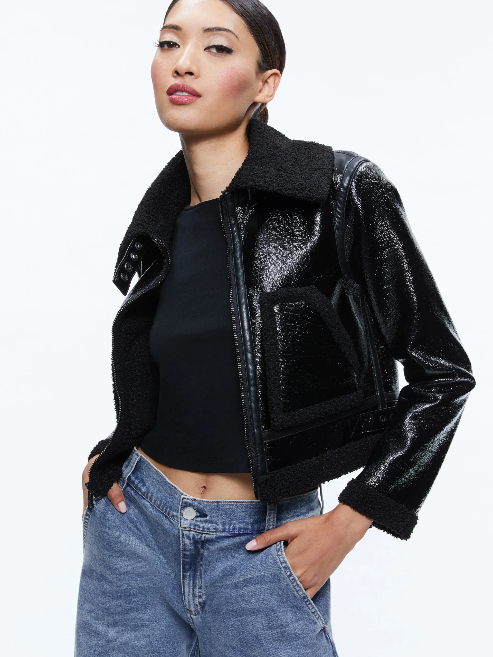 Alice and Olivia ISAIAH VEGAN LEATHER FAUX SHEARLING CROPPED JACKET BLACK*FEATURED SHOPS | CLOTHING