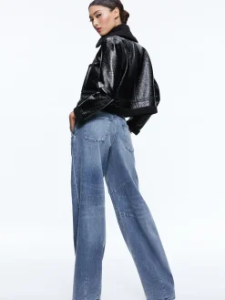 Alice and Olivia ISAIAH VEGAN LEATHER FAUX SHEARLING CROPPED JACKET BLACK*FEATURED SHOPS | CLOTHING