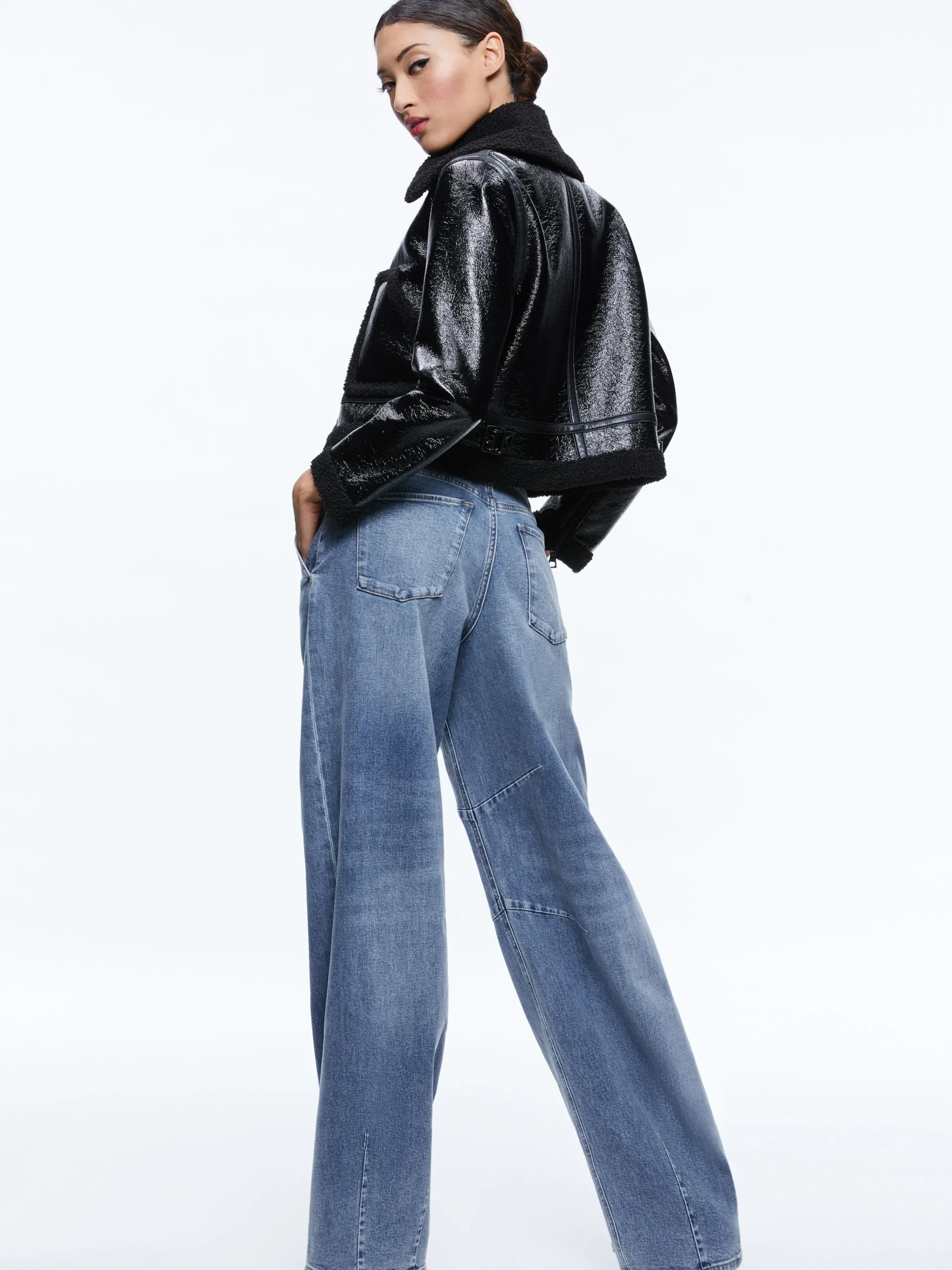 Alice and Olivia ISAIAH VEGAN LEATHER FAUX SHEARLING CROPPED JACKET BLACK*FEATURED SHOPS | CLOTHING