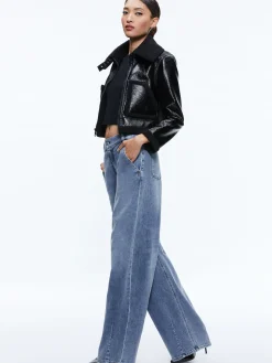 Alice and Olivia ISAIAH VEGAN LEATHER FAUX SHEARLING CROPPED JACKET BLACK*FEATURED SHOPS | CLOTHING