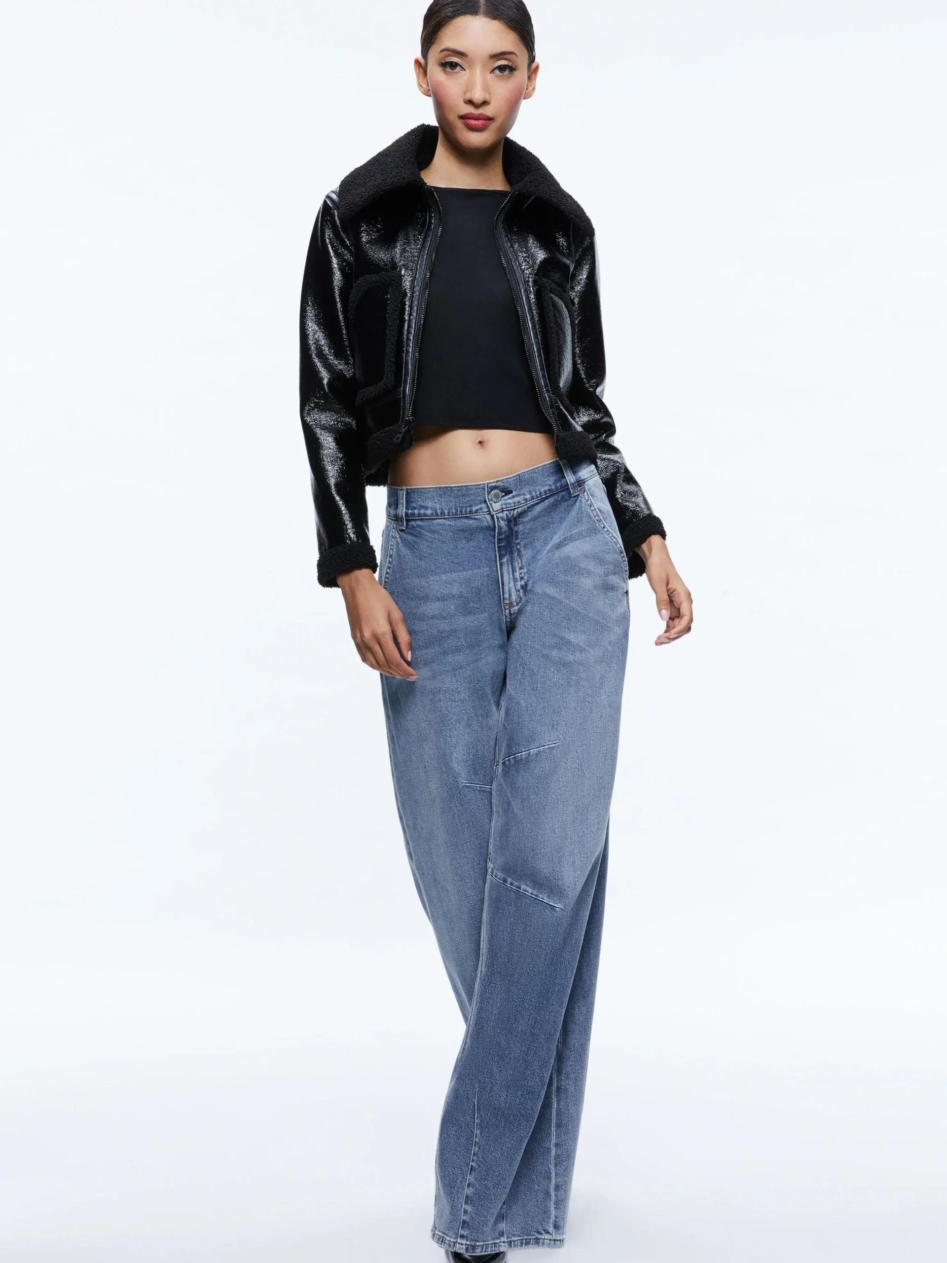 Alice and Olivia ISAIAH VEGAN LEATHER FAUX SHEARLING CROPPED JACKET BLACK*FEATURED SHOPS | CLOTHING