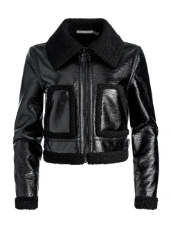 Alice and Olivia ISAIAH VEGAN LEATHER FAUX SHEARLING CROPPED JACKET BLACK*FEATURED SHOPS | CLOTHING