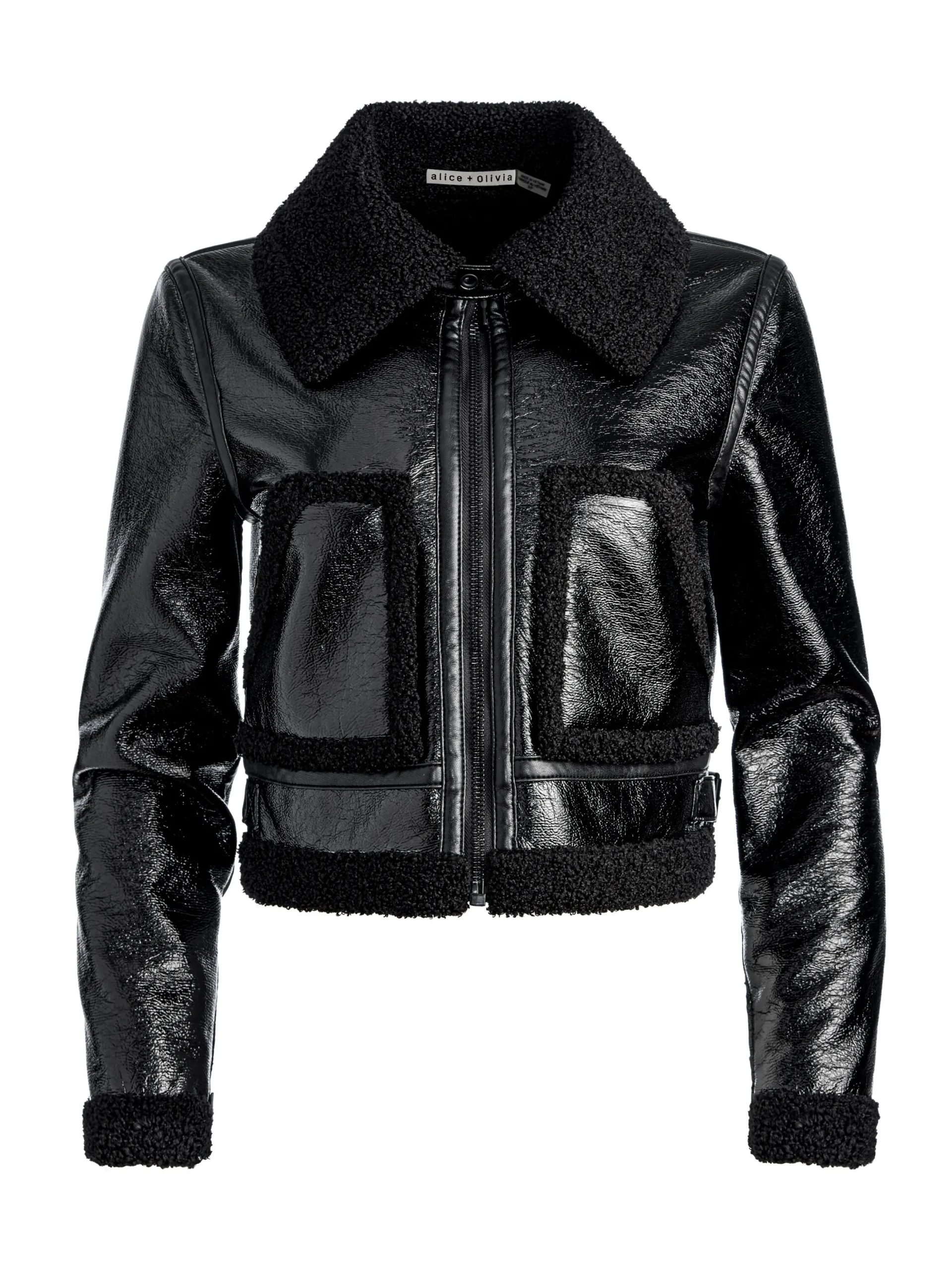 Alice and Olivia ISAIAH VEGAN LEATHER FAUX SHEARLING CROPPED JACKET BLACK*FEATURED SHOPS | CLOTHING