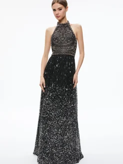 Alice and Olivia JAEL EMBELLISHED HALTER NECK MAXI GOWN BLACK/MULTI*DRESSES | DRESSES | CLOTHING