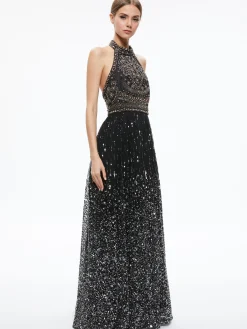 Alice and Olivia JAEL EMBELLISHED HALTER NECK MAXI GOWN BLACK/MULTI*DRESSES | DRESSES | CLOTHING