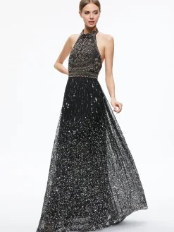 Alice and Olivia JAEL EMBELLISHED HALTER NECK MAXI GOWN BLACK/MULTI*DRESSES | DRESSES | CLOTHING