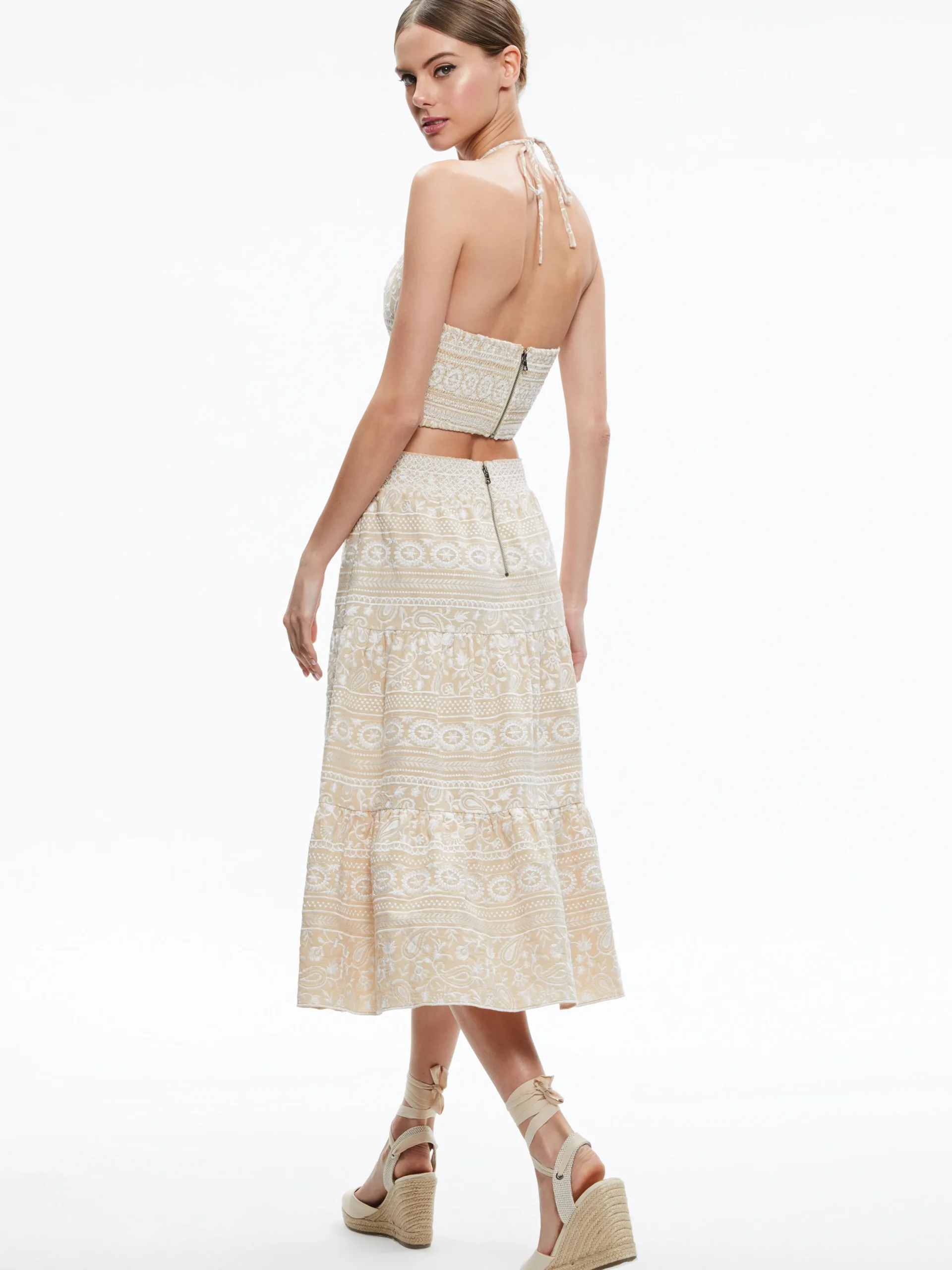 Alice and Olivia JAYMEE TIE NECK CROPPED HALTER TOP NATURAL/WHITE*CLOTHING