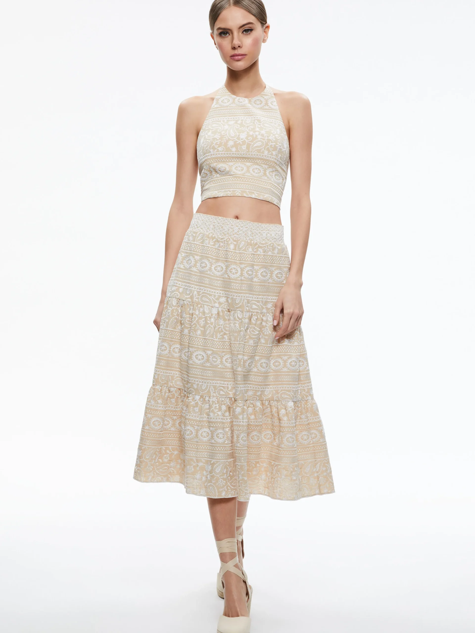 Alice and Olivia JAYMEE TIE NECK CROPPED HALTER TOP NATURAL/WHITE*CLOTHING