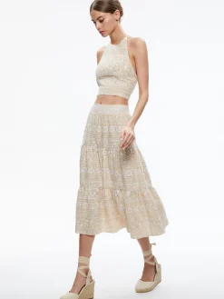 Alice and Olivia JAYMEE TIE NECK CROPPED HALTER TOP NATURAL/WHITE*CLOTHING