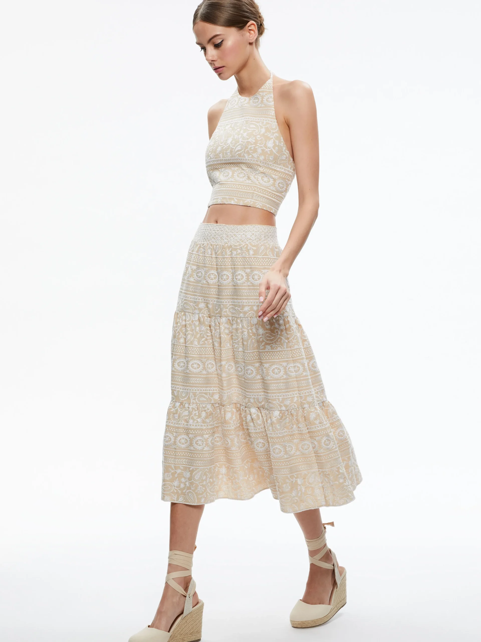 Alice and Olivia JAYMEE TIE NECK CROPPED HALTER TOP NATURAL/WHITE*CLOTHING