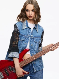 Alice and Olivia JEFF EMBELLISHED LACE SLEEVE DENIM JACKET INDIGO NIGHTS*FEATURED SHOPS | CLOTHING