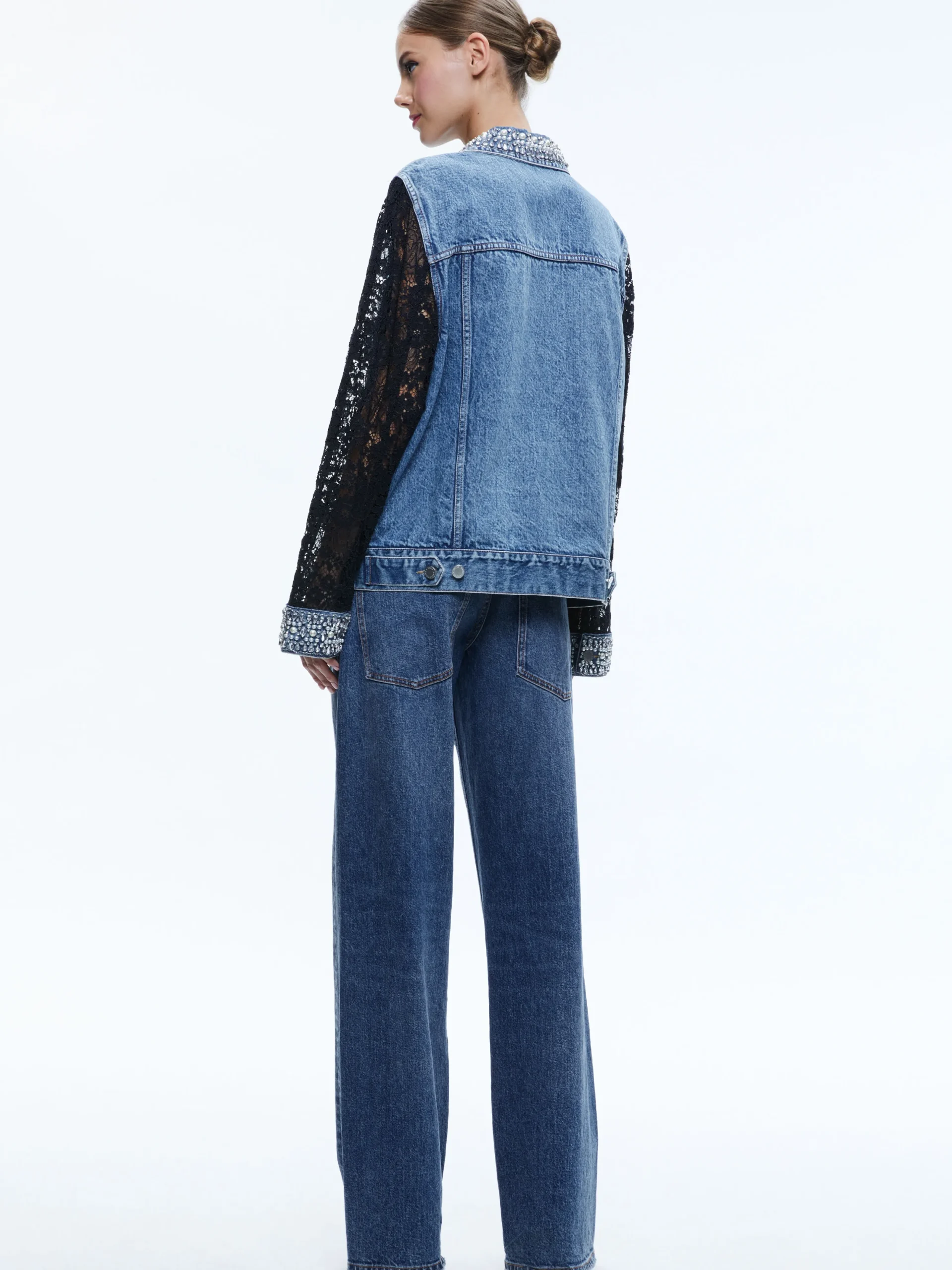 Alice and Olivia JEFF EMBELLISHED LACE SLEEVE DENIM JACKET INDIGO NIGHTS*FEATURED SHOPS | CLOTHING