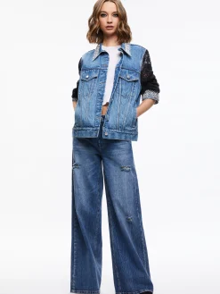 Alice and Olivia JEFF EMBELLISHED LACE SLEEVE DENIM JACKET INDIGO NIGHTS*FEATURED SHOPS | CLOTHING