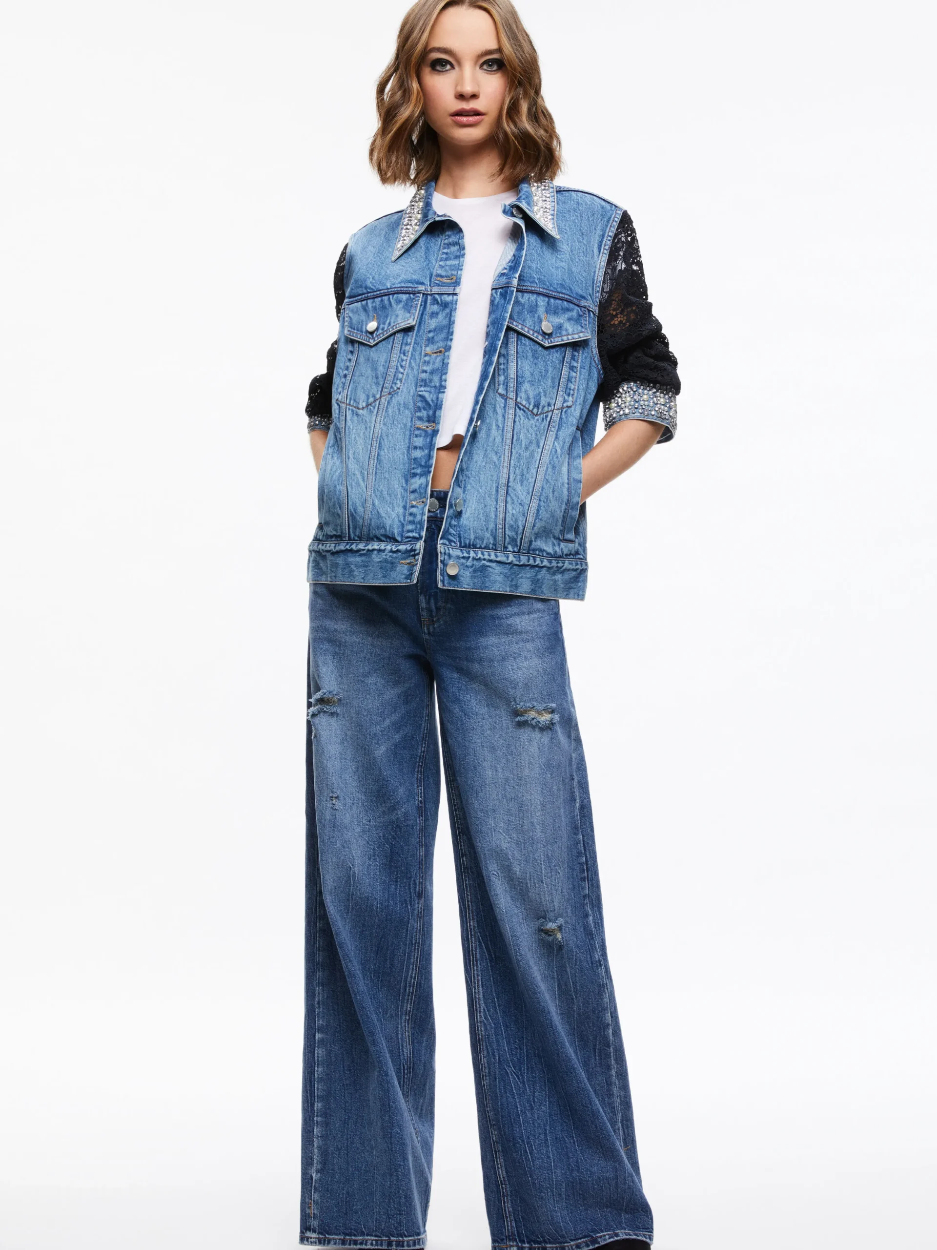 Alice and Olivia JEFF EMBELLISHED LACE SLEEVE DENIM JACKET INDIGO NIGHTS*FEATURED SHOPS | CLOTHING