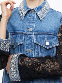Alice and Olivia JEFF EMBELLISHED LACE SLEEVE DENIM JACKET INDIGO NIGHTS*FEATURED SHOPS | CLOTHING