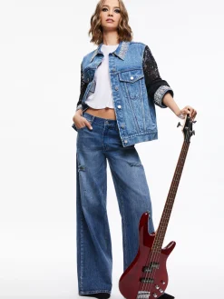 Alice and Olivia JEFF EMBELLISHED LACE SLEEVE DENIM JACKET INDIGO NIGHTS*FEATURED SHOPS | CLOTHING