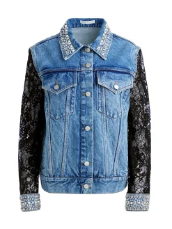 Alice and Olivia JEFF EMBELLISHED LACE SLEEVE DENIM JACKET INDIGO NIGHTS*FEATURED SHOPS | CLOTHING