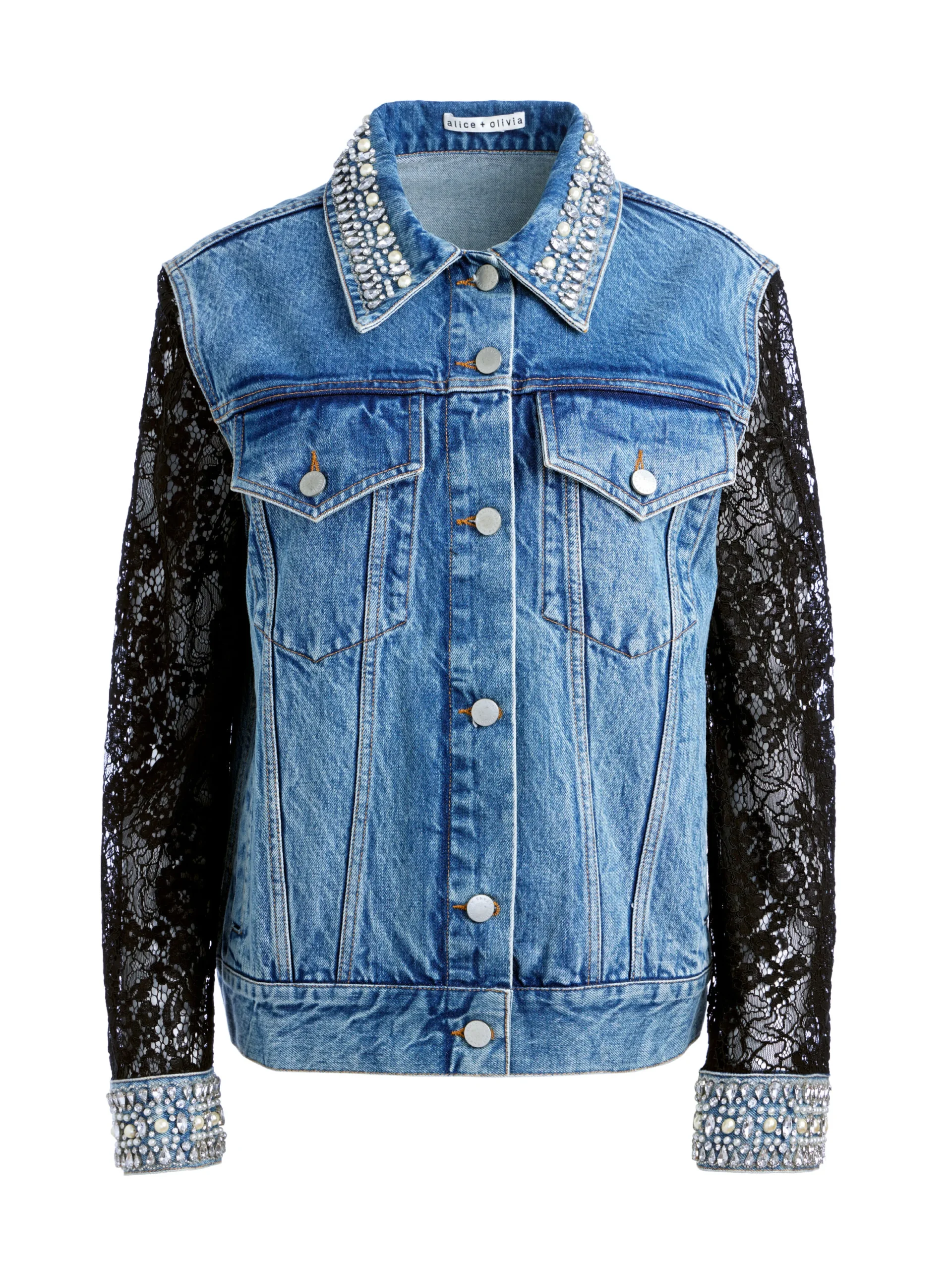 Alice and Olivia JEFF EMBELLISHED LACE SLEEVE DENIM JACKET INDIGO NIGHTS*FEATURED SHOPS | CLOTHING