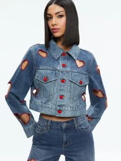 Alice and Olivia JEFF HEART EMBROIDERED CROPPED DENIM JACKET TRUE BLUES DARK*FEATURED SHOPS | FEATURED SHOPS | FEATURED SHOPS | CLOTHING