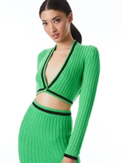Alice and Olivia JENAE CABLE KNIT V-NECK CARDIGAN GARDEN GREEN/BLACK*FEATURED SHOPS | CLOTHING | CLOTHING
