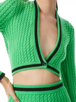 Alice and Olivia JENAE CABLE KNIT V-NECK CARDIGAN GARDEN GREEN/BLACK*FEATURED SHOPS | CLOTHING | CLOTHING