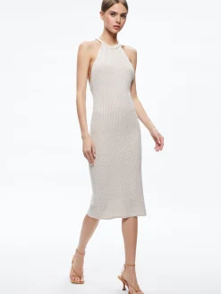 Alice and Olivia JOVI POINTELLE CORD BACK HALTER DRESS SAND*DRESSES | CLOTHING