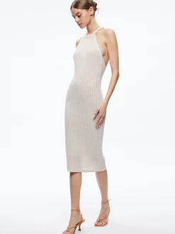 Alice and Olivia JOVI POINTELLE CORD BACK HALTER DRESS SAND*DRESSES | CLOTHING