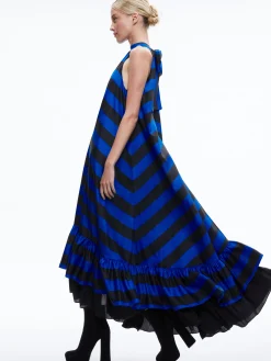 Alice and Olivia JOVIE HALTER NECK HIGH LOW MAXI DRESS SAPPHIRE/BLACK STRIPE*DRESSES | DRESSES | CLOTHING
