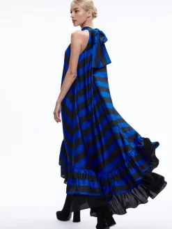 Alice and Olivia JOVIE HALTER NECK HIGH LOW MAXI DRESS SAPPHIRE/BLACK STRIPE*DRESSES | DRESSES | CLOTHING