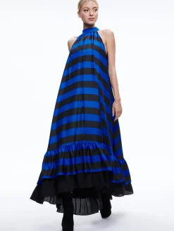 Alice and Olivia JOVIE HALTER NECK HIGH LOW MAXI DRESS SAPPHIRE/BLACK STRIPE*DRESSES | DRESSES | CLOTHING