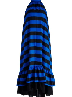 Alice and Olivia JOVIE HALTER NECK HIGH LOW MAXI DRESS SAPPHIRE/BLACK STRIPE*DRESSES | DRESSES | CLOTHING