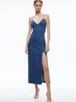 Alice and Olivia JULIETTA DENIM SLIP DRESS WITH SLIT AVERY BLUE*FEATURED SHOPS | DRESSES | CLOTHING