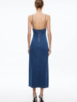 Alice and Olivia JULIETTA DENIM SLIP DRESS WITH SLIT AVERY BLUE*FEATURED SHOPS | DRESSES | CLOTHING