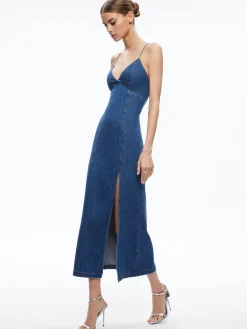 Alice and Olivia JULIETTA DENIM SLIP DRESS WITH SLIT AVERY BLUE*FEATURED SHOPS | DRESSES | CLOTHING