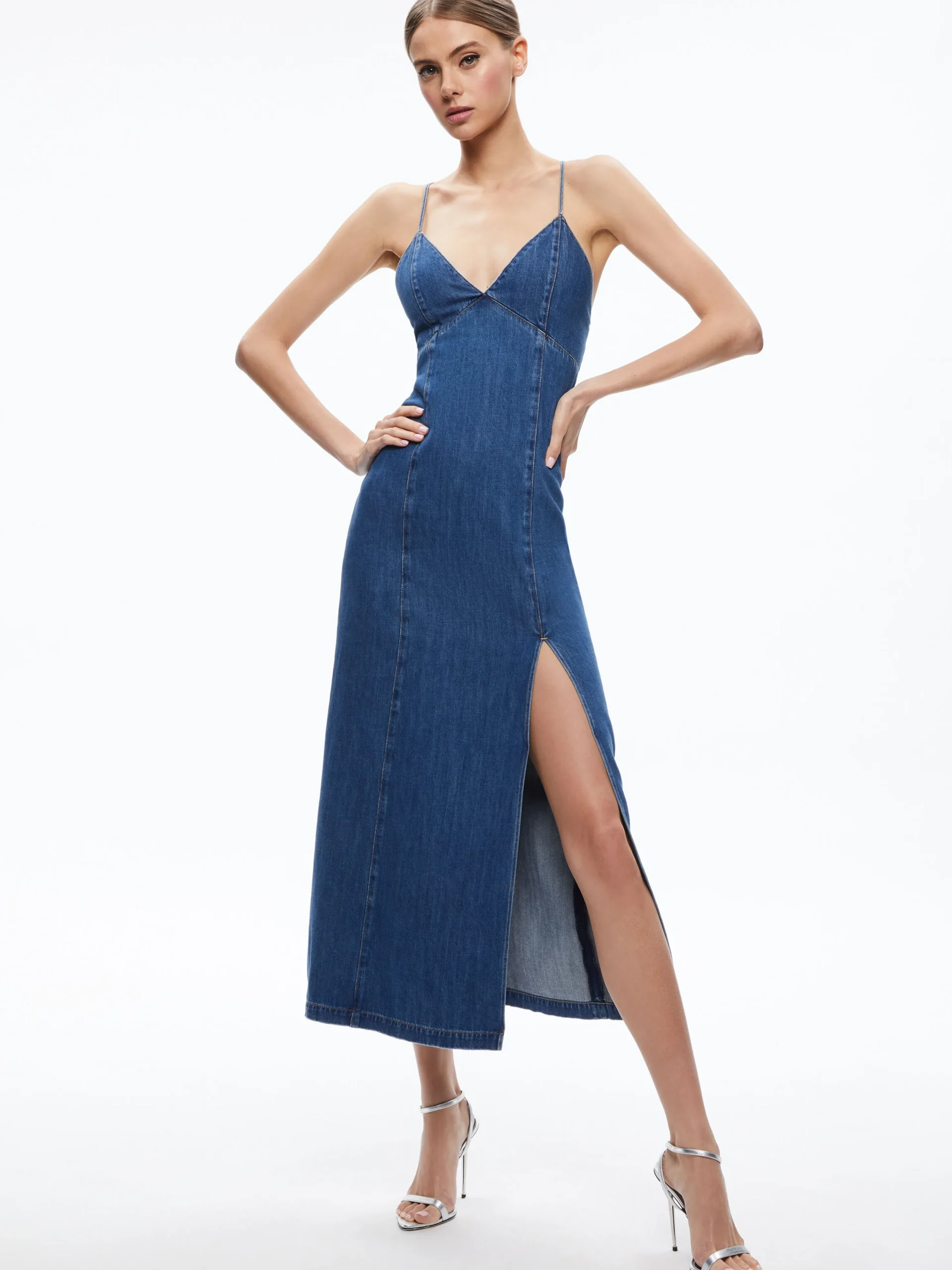 Alice and Olivia JULIETTA DENIM SLIP DRESS WITH SLIT AVERY BLUE*FEATURED SHOPS | DRESSES | CLOTHING