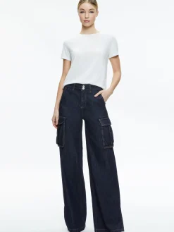 Alice and Olivia KAL BAGGY CARGO SIDE SLIT JEAN DARK RINSE*CLOTHING | CLOTHING