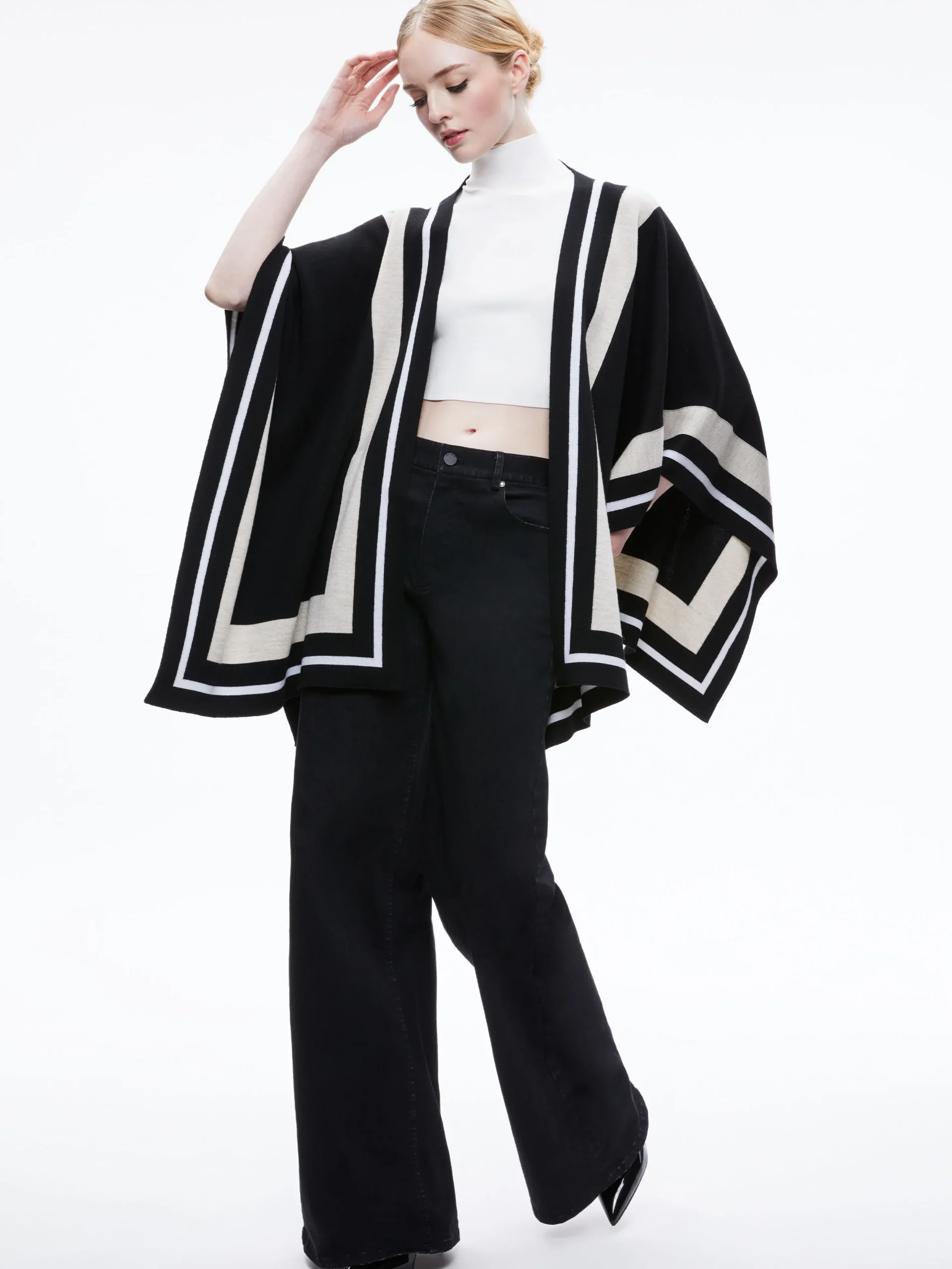 Alice and Olivia KAMALA STRIPE PONCHO BLACK/ECRU/LATTE*FEATURED SHOPS | CLOTHING