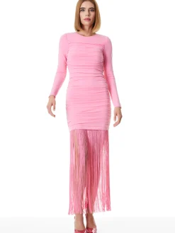 Alice and Olivia KATHERINA LONG SLEEVE DRESS WITH FRINGE PRIMROSE*DRESSES | DRESSES | CLOTHING
