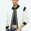 Alice and Olivia KERI COMBINATION VEGAN LEATHER VARSITY JACKET OFF WHITE/BLACK*FEATURED SHOPS | CLOTHING