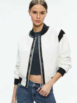 Alice and Olivia KERI COMBINATION VEGAN LEATHER VARSITY JACKET OFF WHITE/BLACK*FEATURED SHOPS | CLOTHING