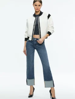 Alice and Olivia KERI COMBINATION VEGAN LEATHER VARSITY JACKET OFF WHITE/BLACK*FEATURED SHOPS | CLOTHING