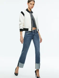 Alice and Olivia KERI COMBINATION VEGAN LEATHER VARSITY JACKET OFF WHITE/BLACK*FEATURED SHOPS | CLOTHING