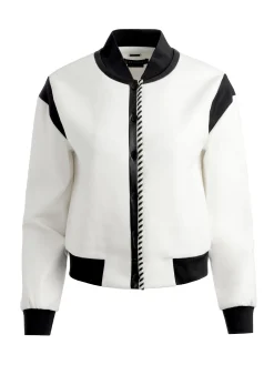 Alice and Olivia KERI COMBINATION VEGAN LEATHER VARSITY JACKET OFF WHITE/BLACK*FEATURED SHOPS | CLOTHING