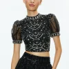 Alice and Olivia KRISTINA EMBELLISHED PUFF SLEEVE CROP TOP BLACK/MULTI*CLOTHING
