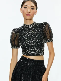 Alice and Olivia KRISTINA EMBELLISHED PUFF SLEEVE CROP TOP BLACK/MULTI*CLOTHING