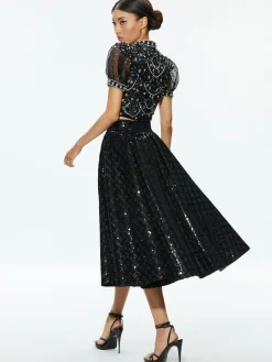 Alice and Olivia KRISTINA EMBELLISHED PUFF SLEEVE CROP TOP BLACK/MULTI*CLOTHING