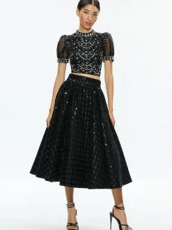 Alice and Olivia KRISTINA EMBELLISHED PUFF SLEEVE CROP TOP BLACK/MULTI*CLOTHING