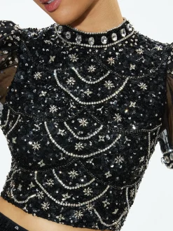 Alice and Olivia KRISTINA EMBELLISHED PUFF SLEEVE CROP TOP BLACK/MULTI*CLOTHING