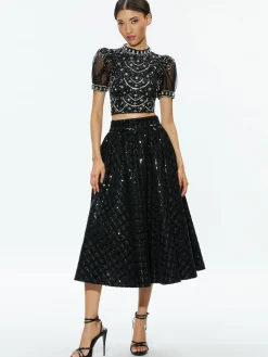 Alice and Olivia KRISTINA EMBELLISHED PUFF SLEEVE CROP TOP BLACK/MULTI*CLOTHING