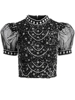 Alice and Olivia KRISTINA EMBELLISHED PUFF SLEEVE CROP TOP BLACK/MULTI*CLOTHING